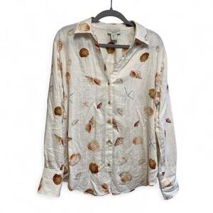 Calypso St Barth Size L Rayon Linen Button Shirt Seashells Beach Shells Nautical